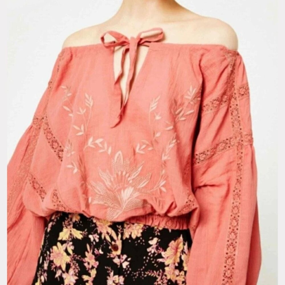 Free People Dusty Rose Maria Maria Lace‎ Peasant Blouse with Embroidery - SZ M - Picture 4 of 11